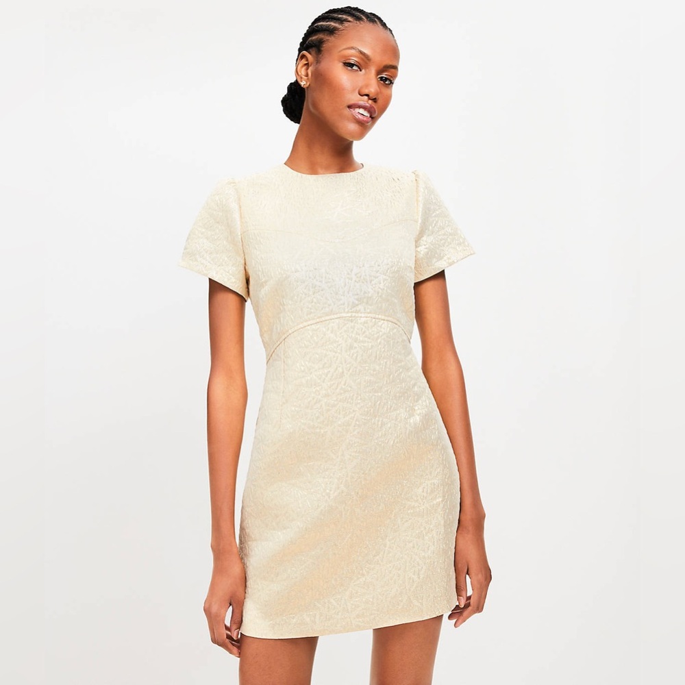 LOFT Size 16 Gold Metallic Brocade Short Sleeve Mini Dress